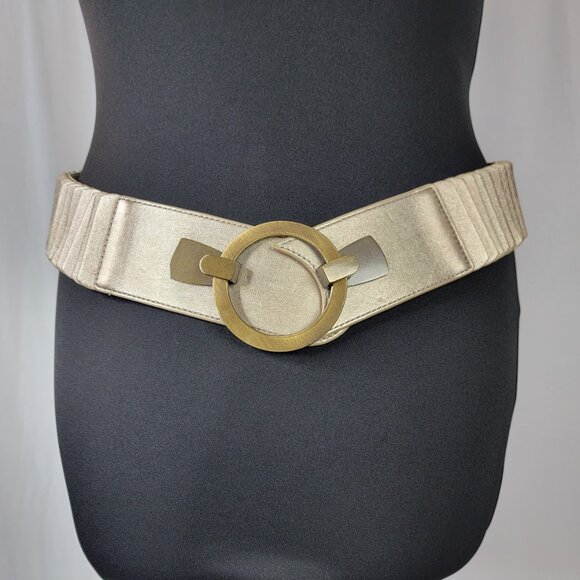 Gold Statement Stretch Waist Belt | Wide Elastic Belt with Circle Buckle - Picture 1 of 8